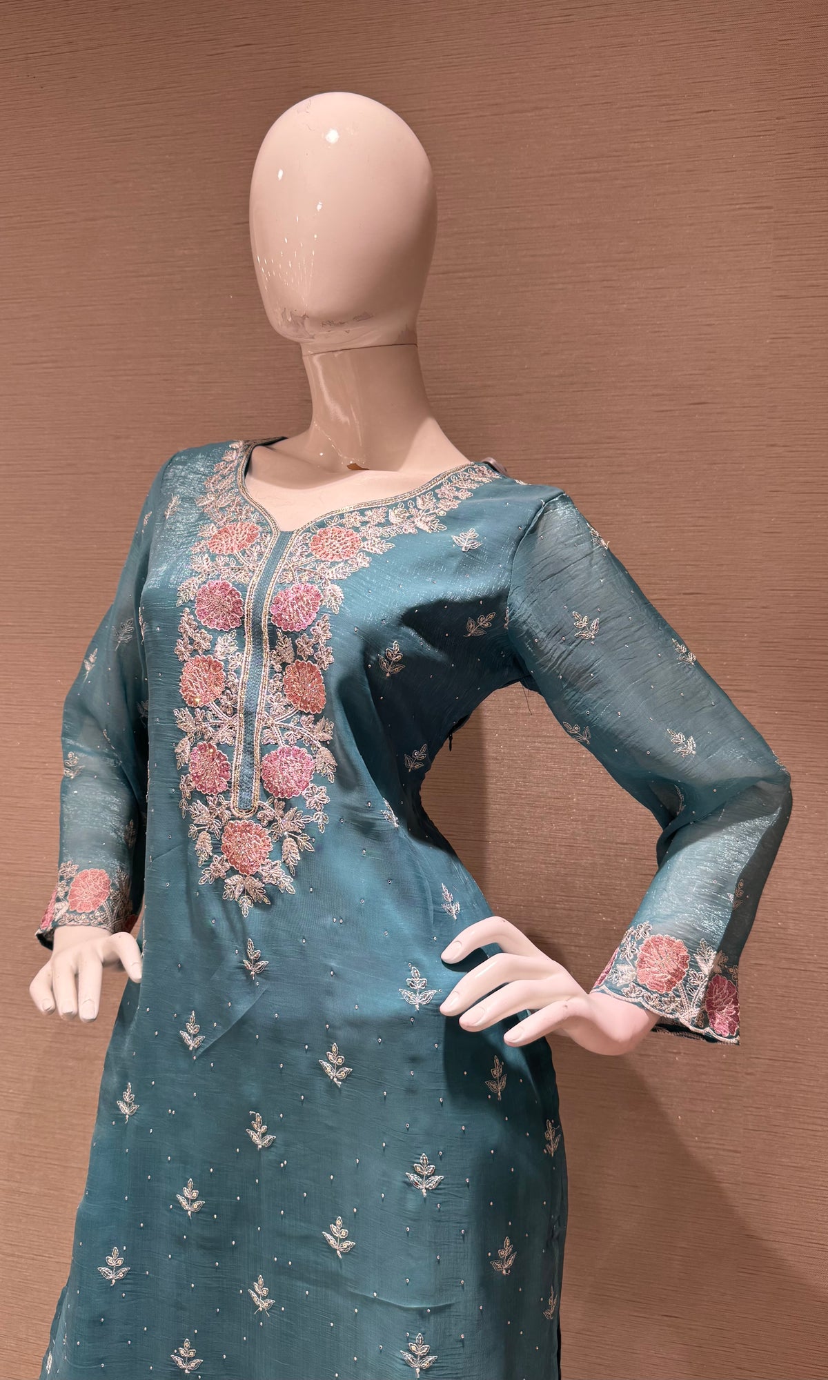 Blue Floral Embroidered Chinon Silk Salwar Kurta Set with Dupatta