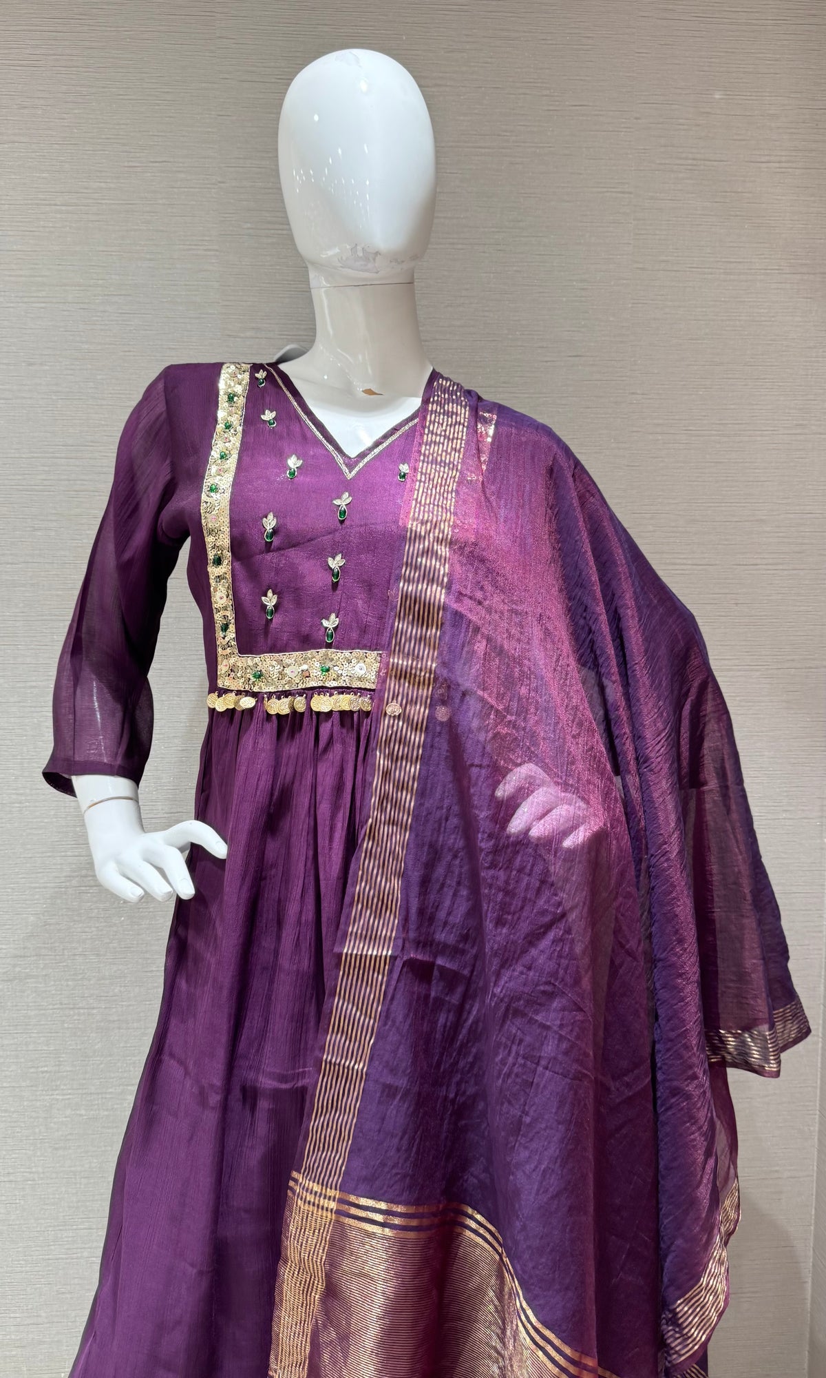 PURPLE ETHNIC CHANDERI KURTA SET WITH DUPATTA