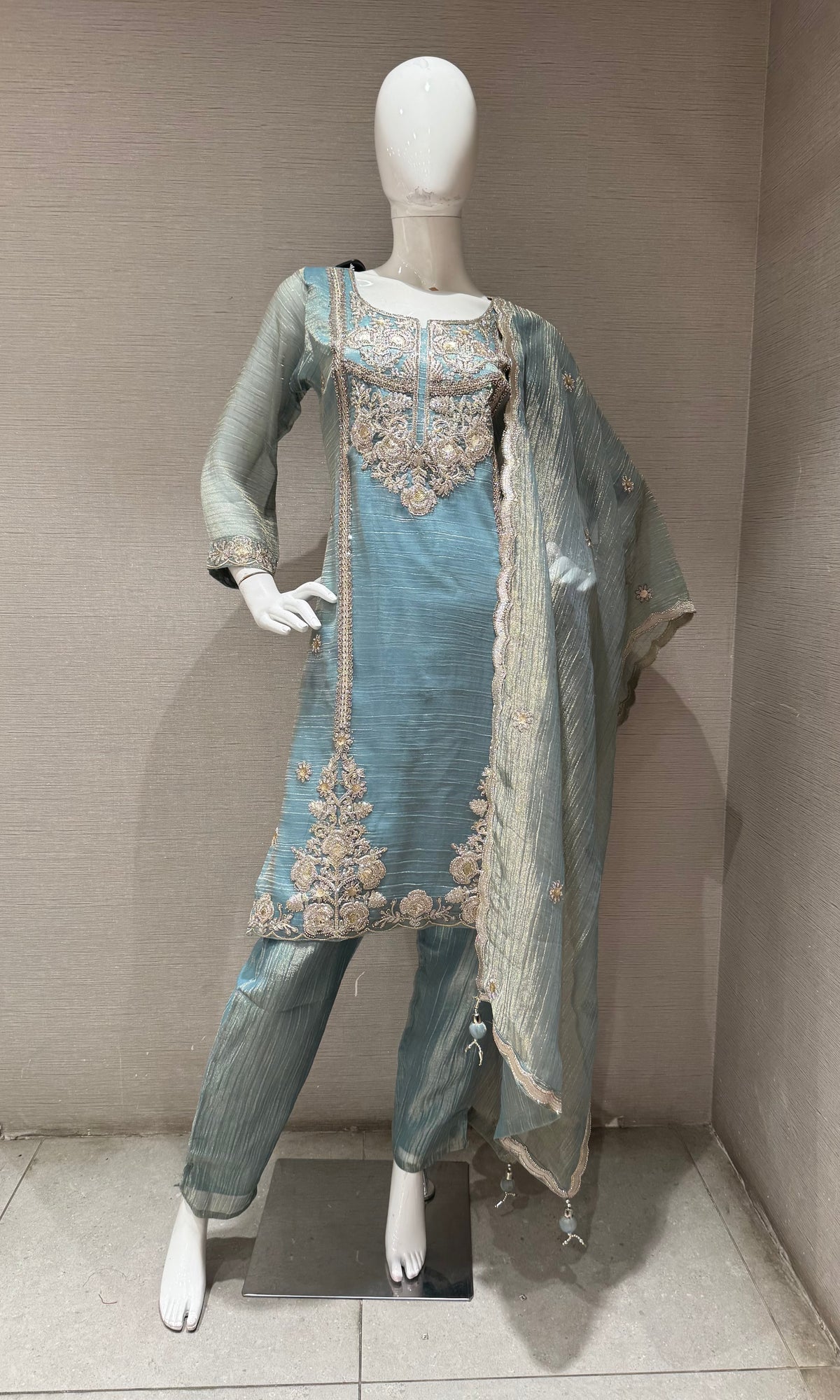 Blue Sheer Organza Salwar Kurta set with Dupatta