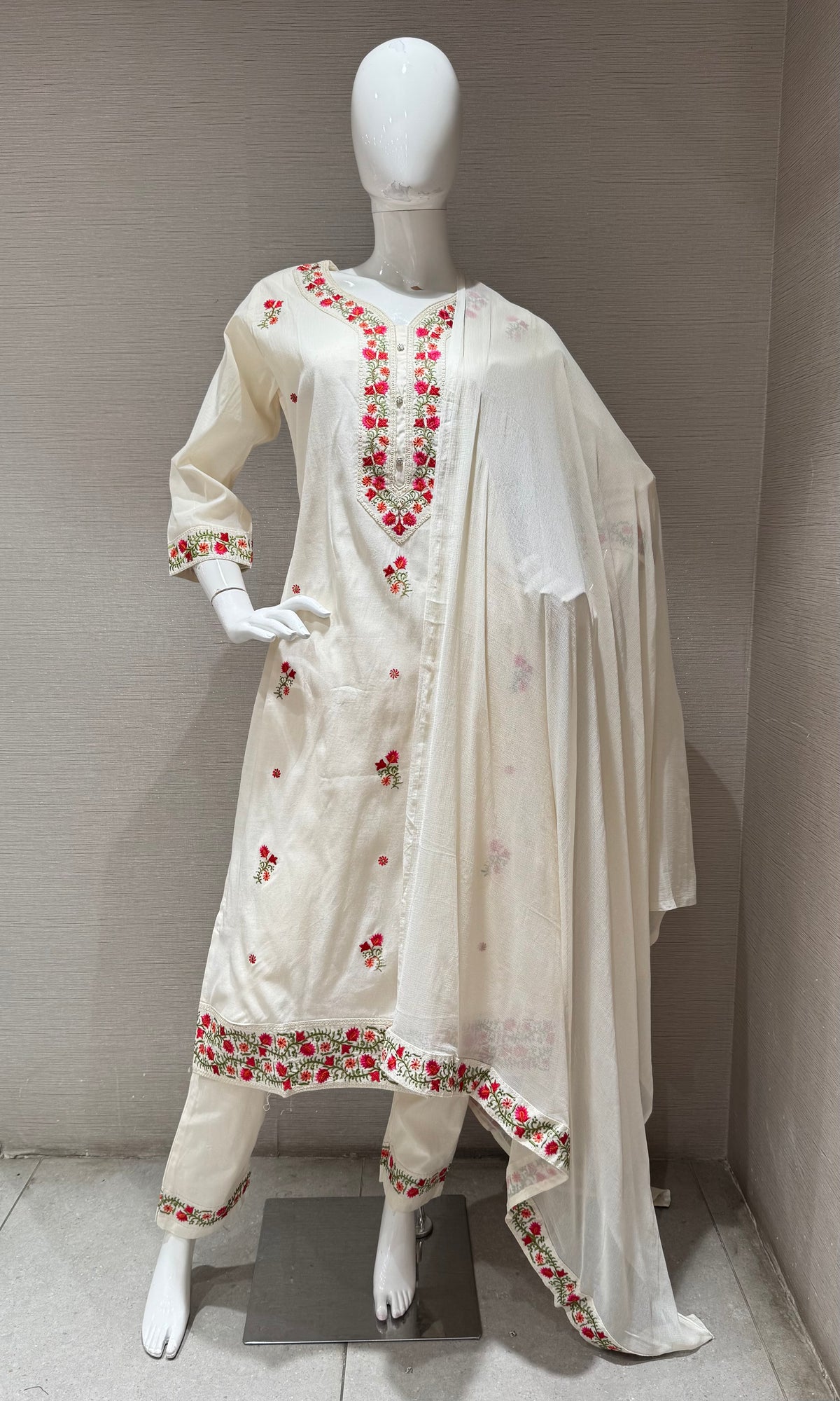 Cream Mul Chanderi Kurta Set with Red & Green Embroidery