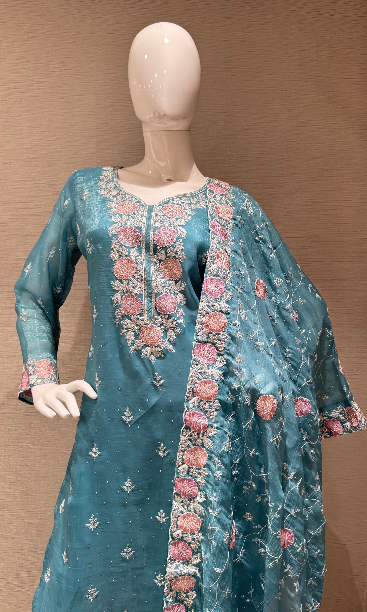 Blue Floral Embroidered Chinon Silk Salwar Kurta Set with Dupatta