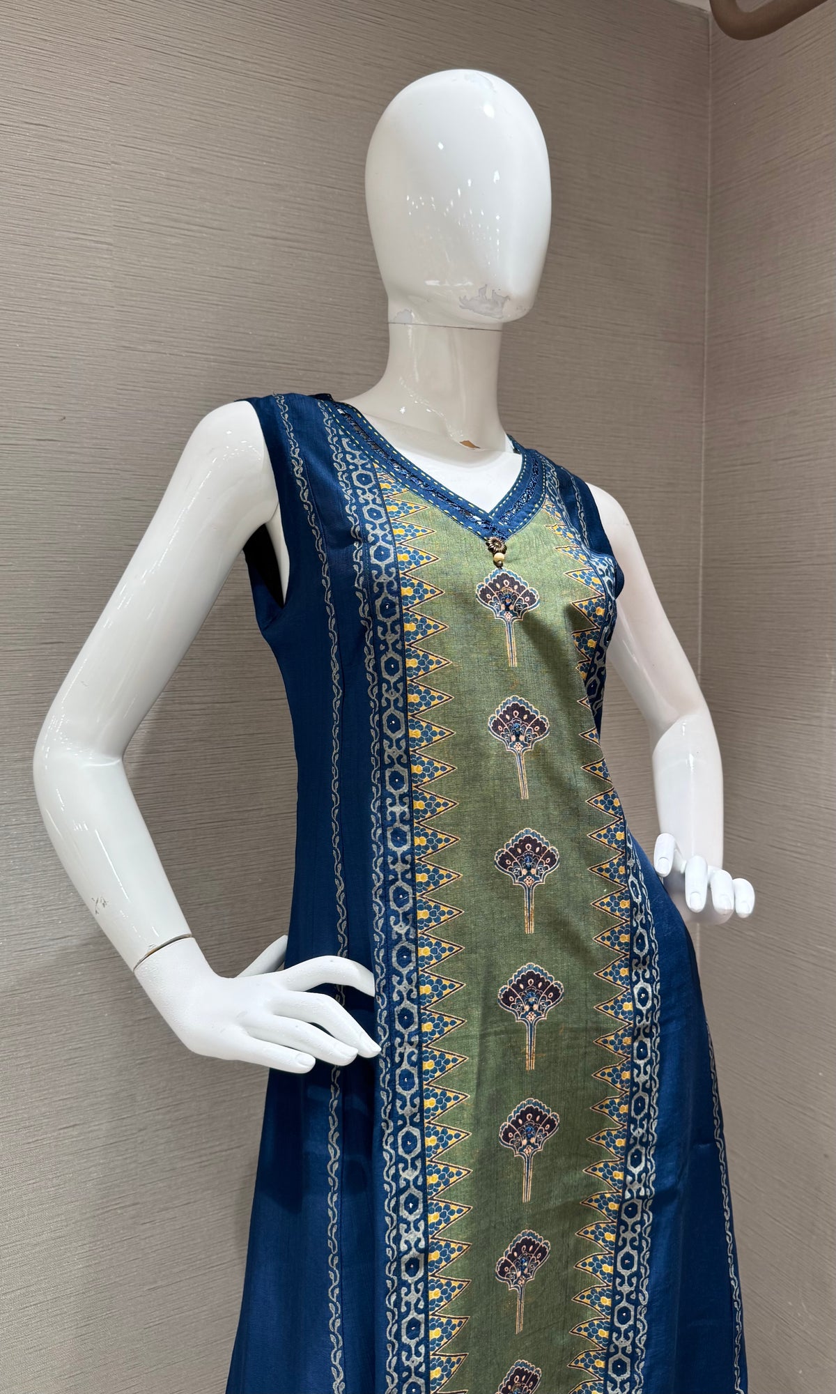 Blue & Olive Gold Accent kameez Kurti with bottom