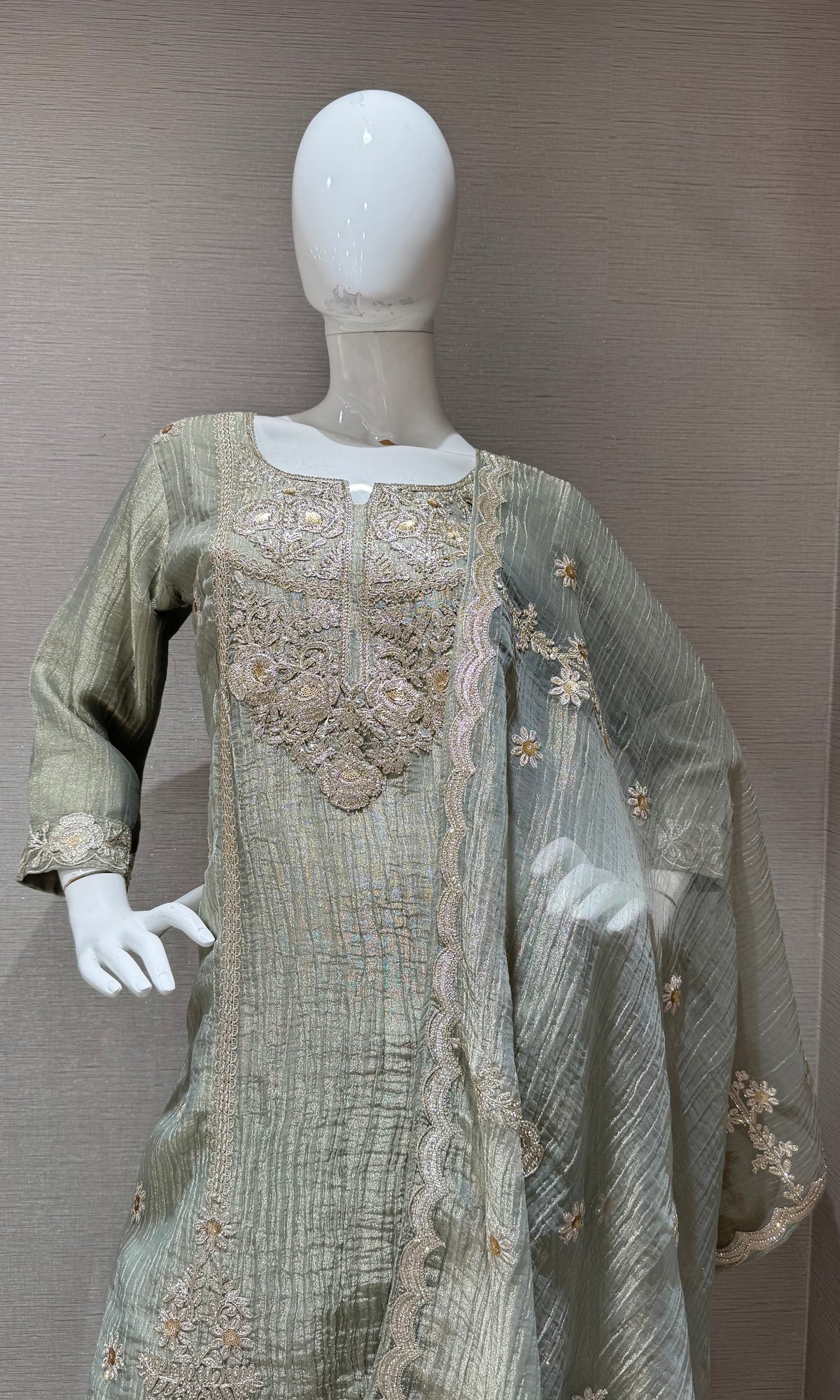 Sage Green Shimmer Kurta Set with Sheer Dupatta