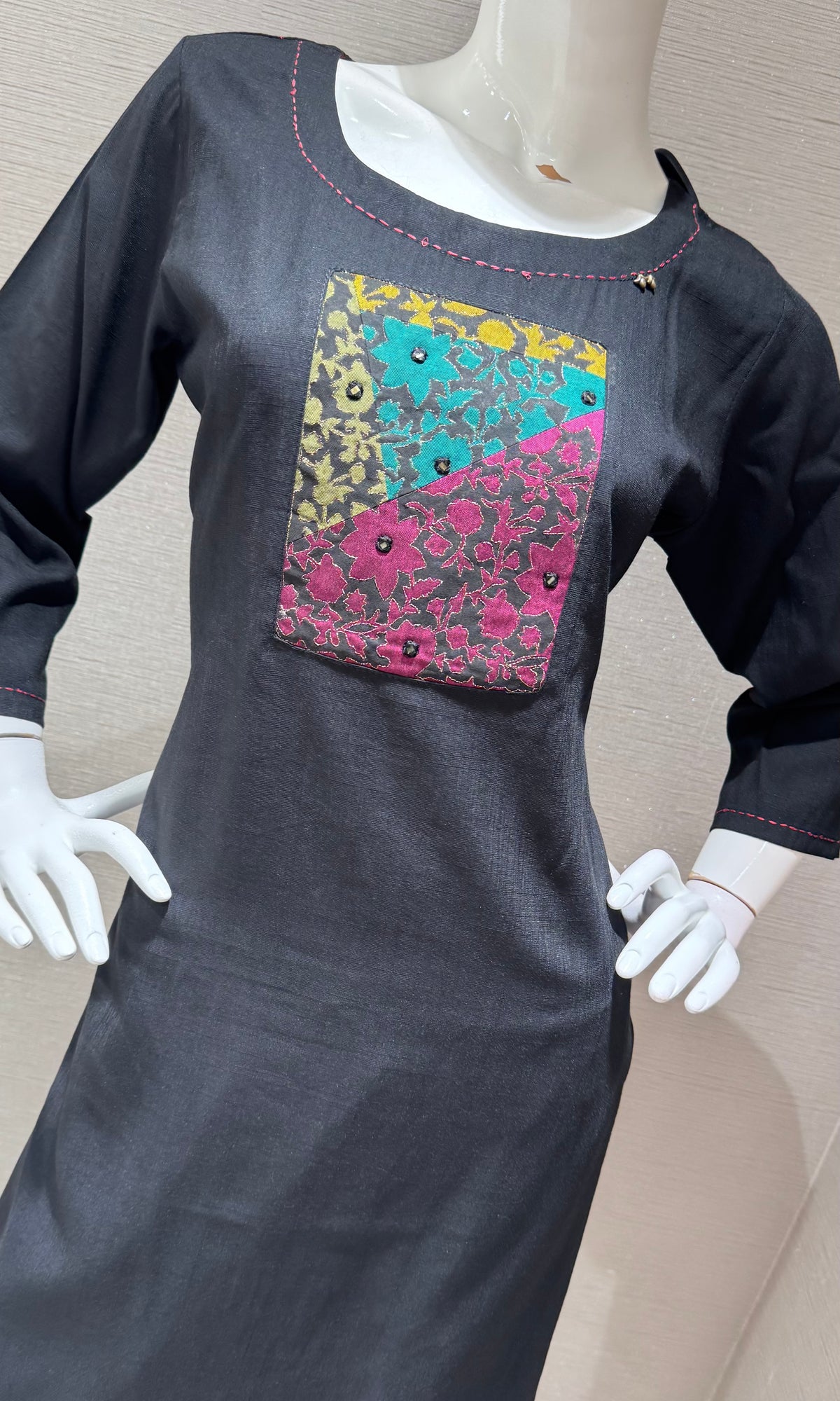 Black Cotton Contrast Multicolor Patchwork Kurti with bottom