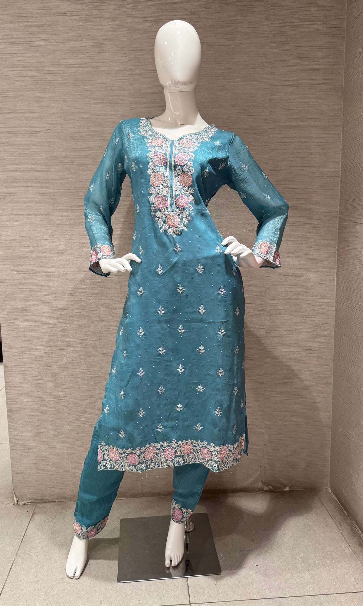 Blue Floral Embroidered Chinon Silk Salwar Kurta Set with Dupatta