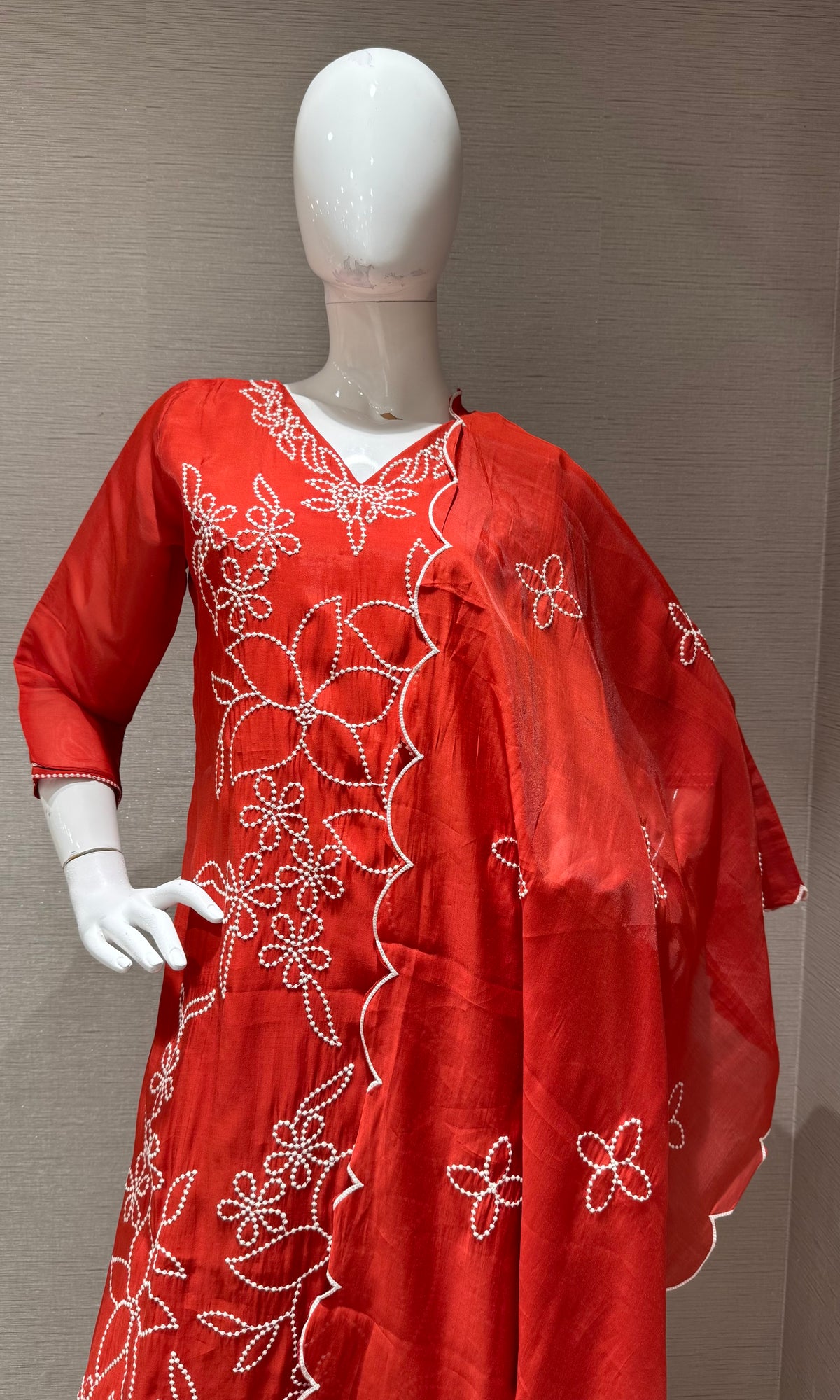 Rust cotton Thread Floral Kurta set with Dupatta