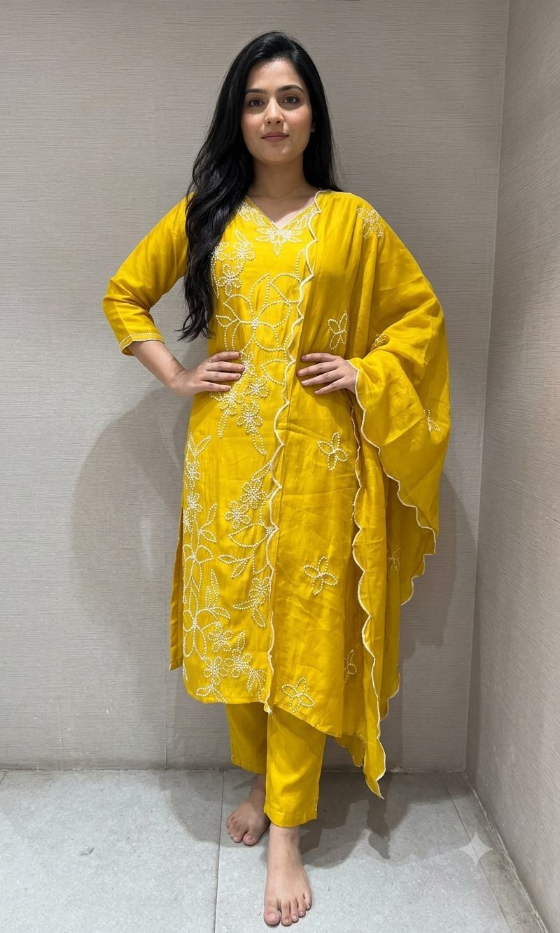 Mustard yellow cotton Thread Floral Kurta set with Dupatta