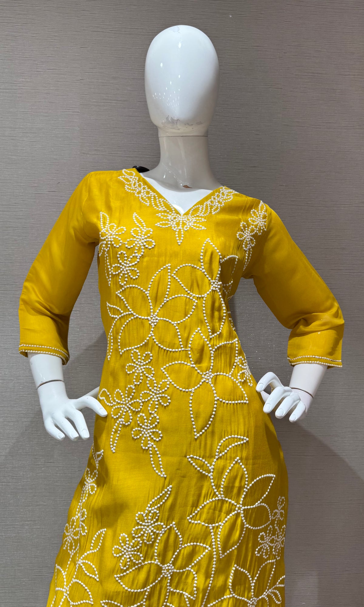 Mustard yellow cotton Thread Floral Kurta set with Dupatta