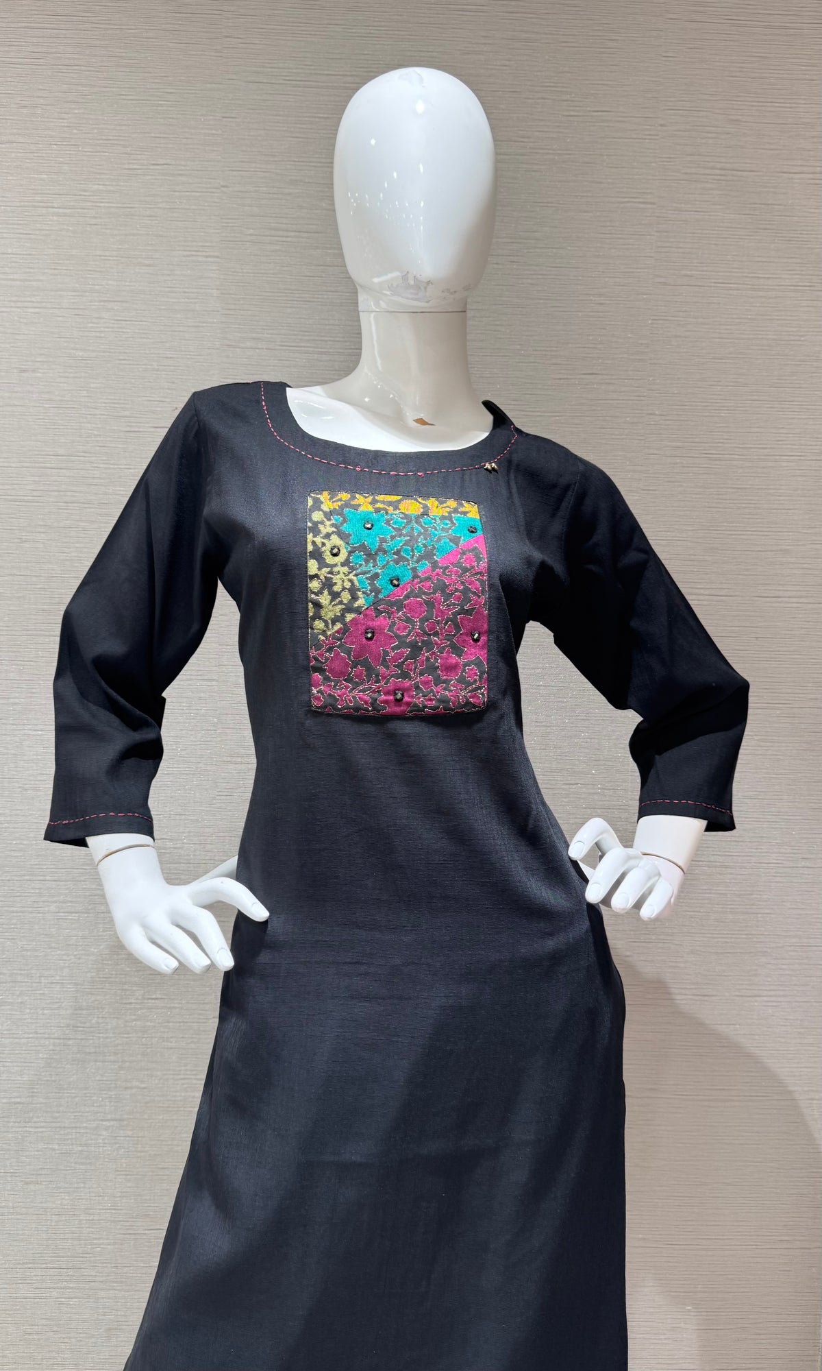 Black Cotton Contrast Multicolor Patchwork Kurti with bottom