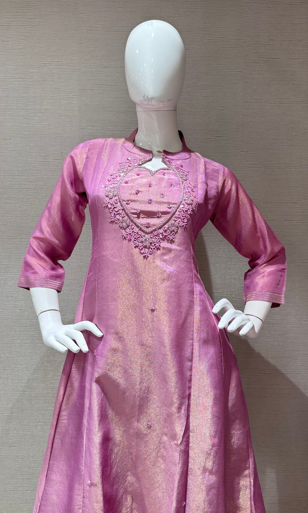 Lilac Silk Kurta Set with Embroidery Neckline & Zari Dupatta