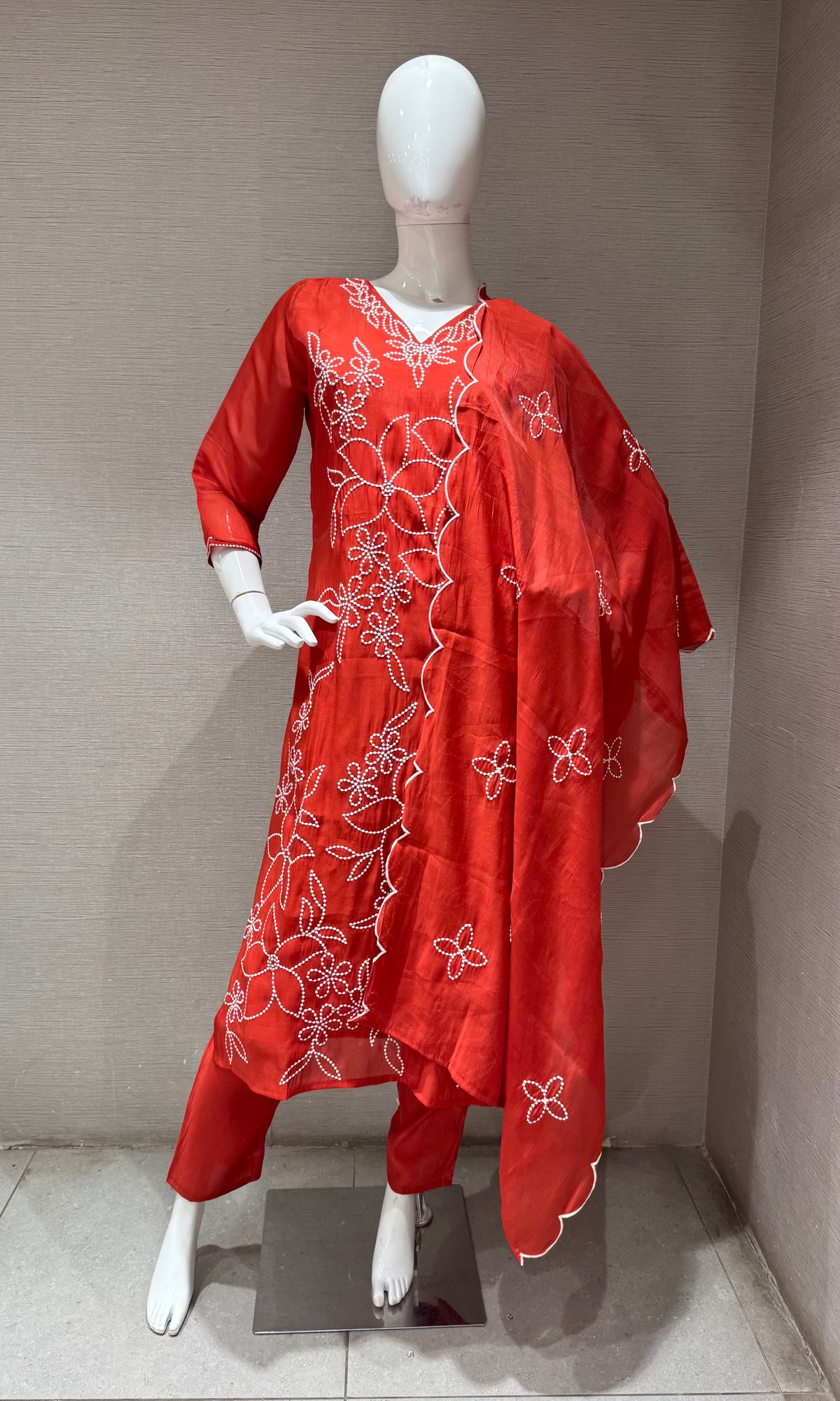 Rust cotton Thread Floral Kurta set with Dupatta