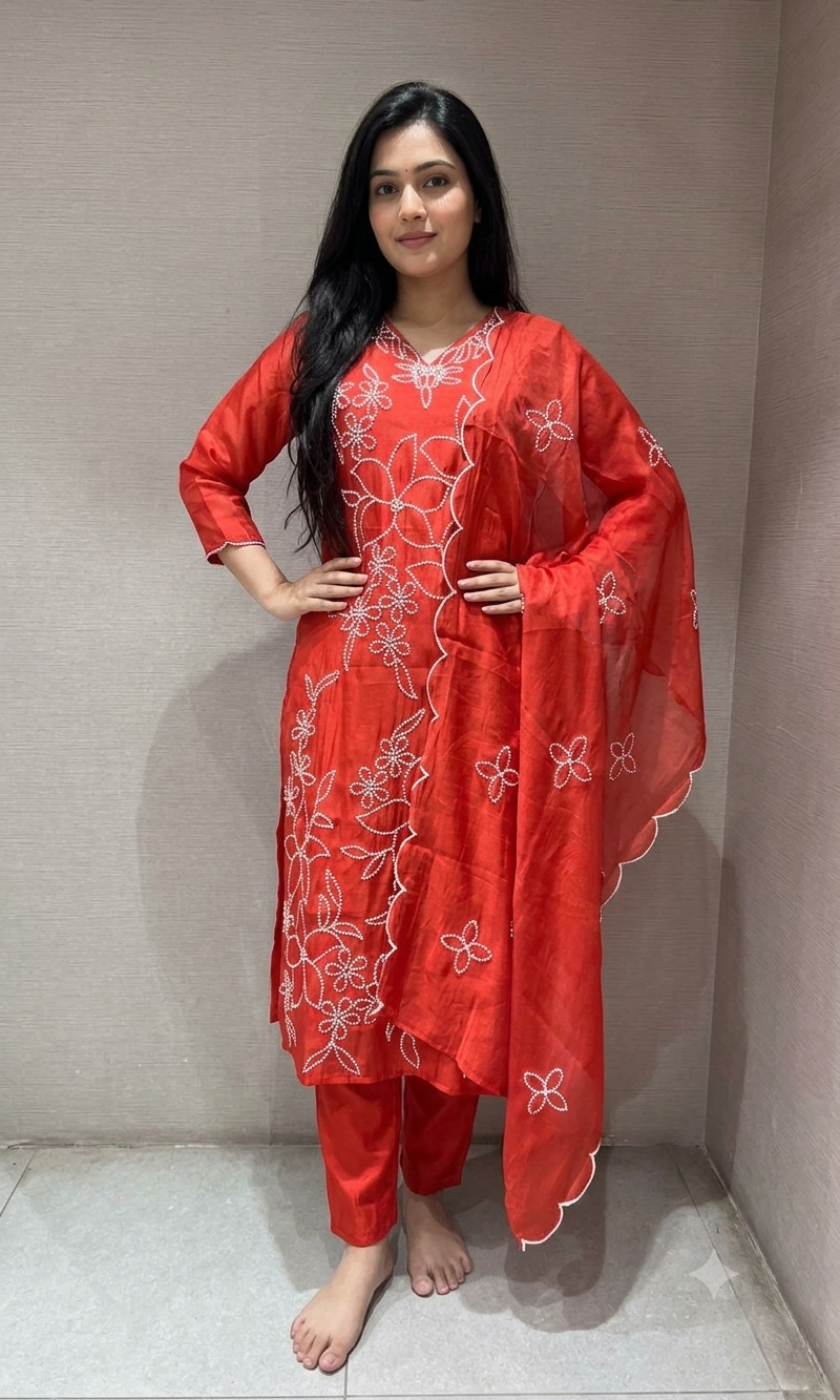 Rust cotton Thread Floral Kurta set with Dupatta