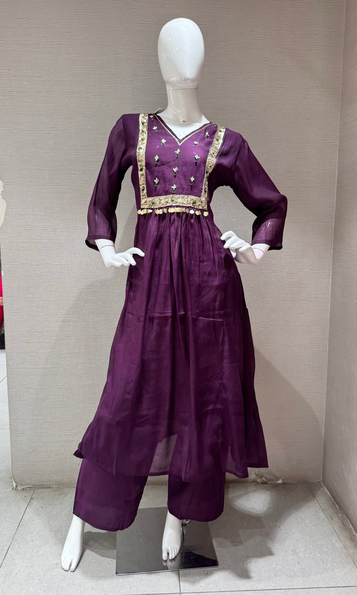 PURPLE ETHNIC CHANDERI KURTA SET WITH DUPATTA