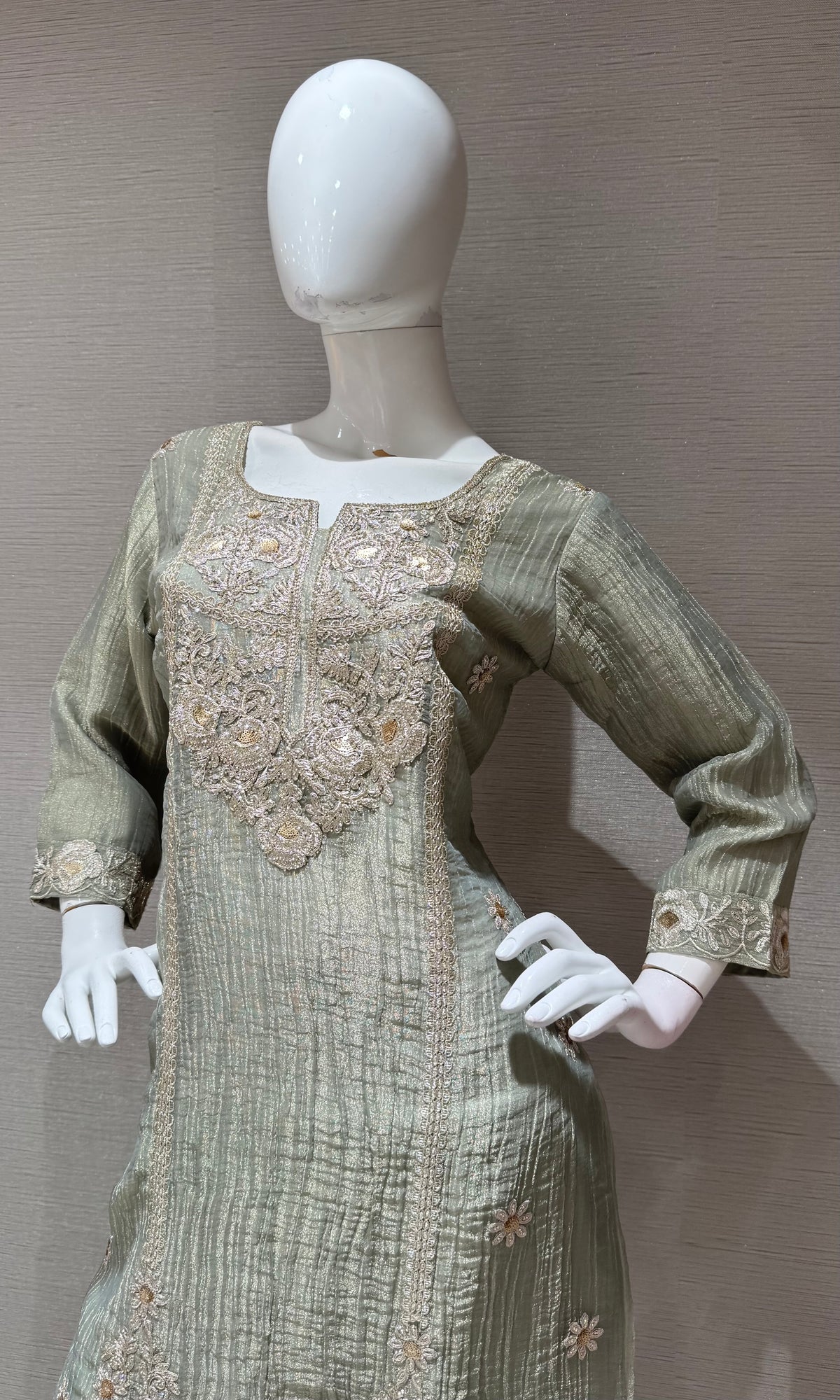 Sage Green Shimmer Kurta Set with Sheer Dupatta