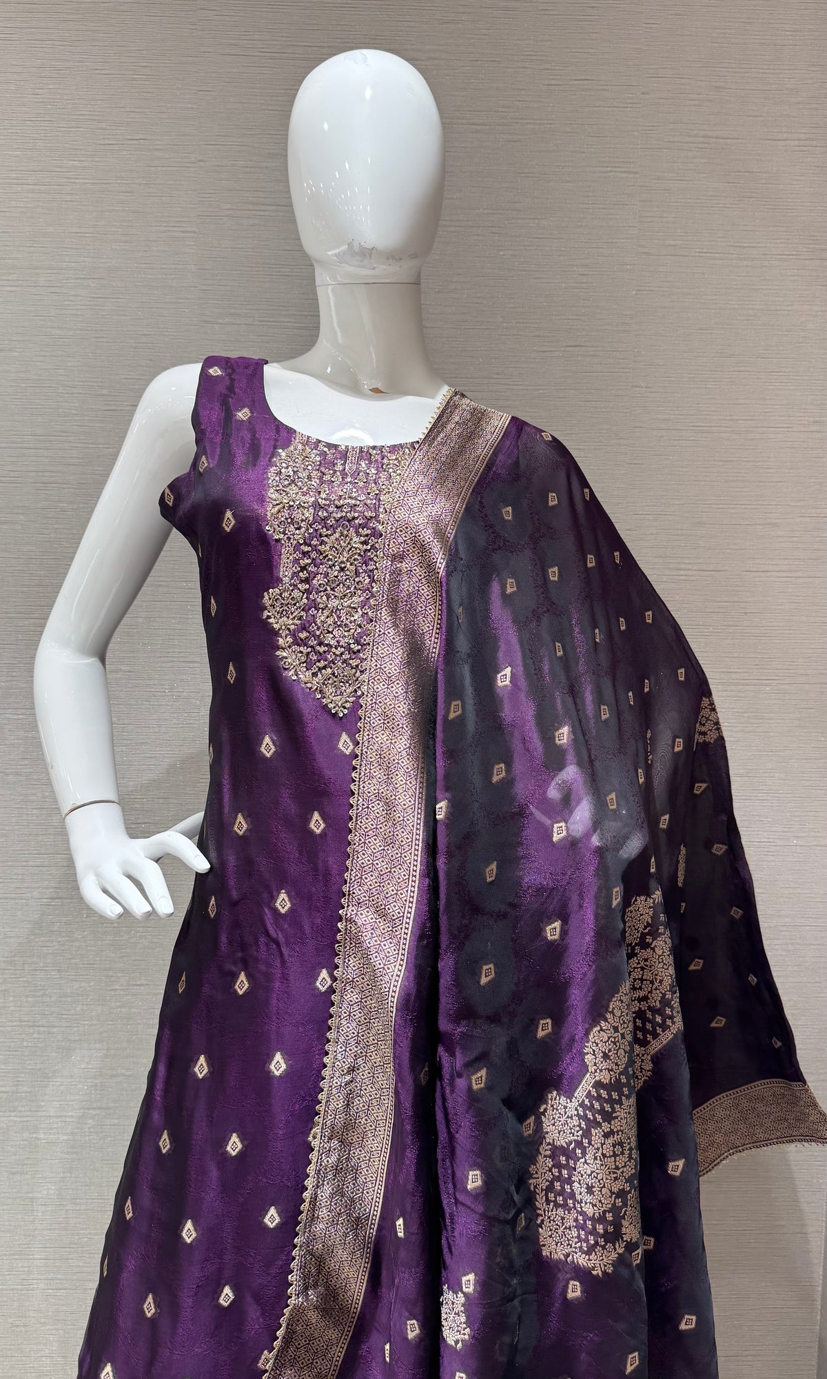 Purple & Gold Banarasi silk Kurta Set with Dupatta