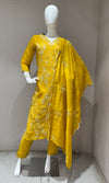 Mustard yellow cotton Thread Floral Kurta set with Dupatta