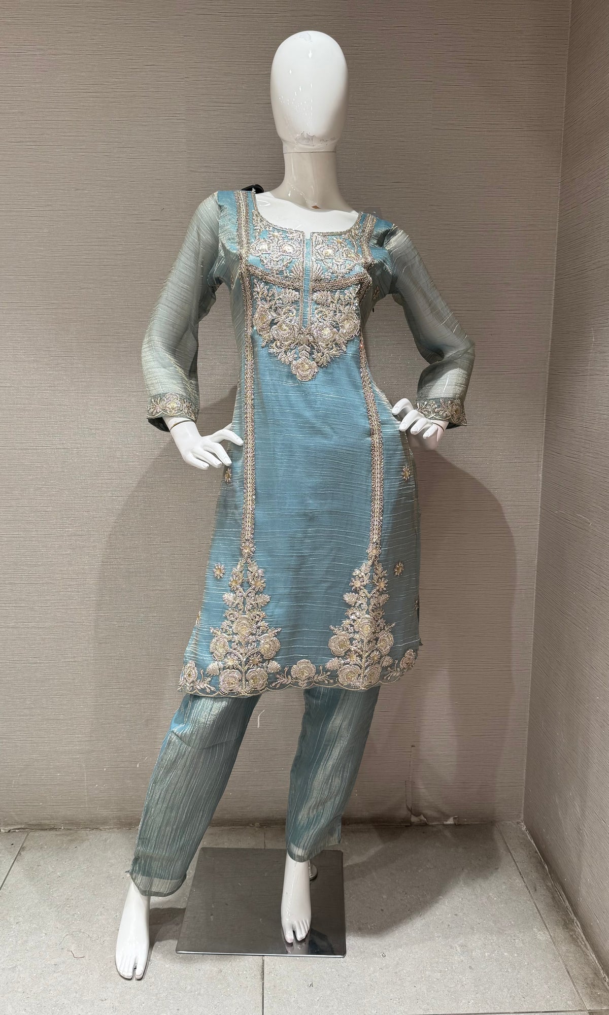 Blue Sheer Organza Salwar Kurta set with Dupatta
