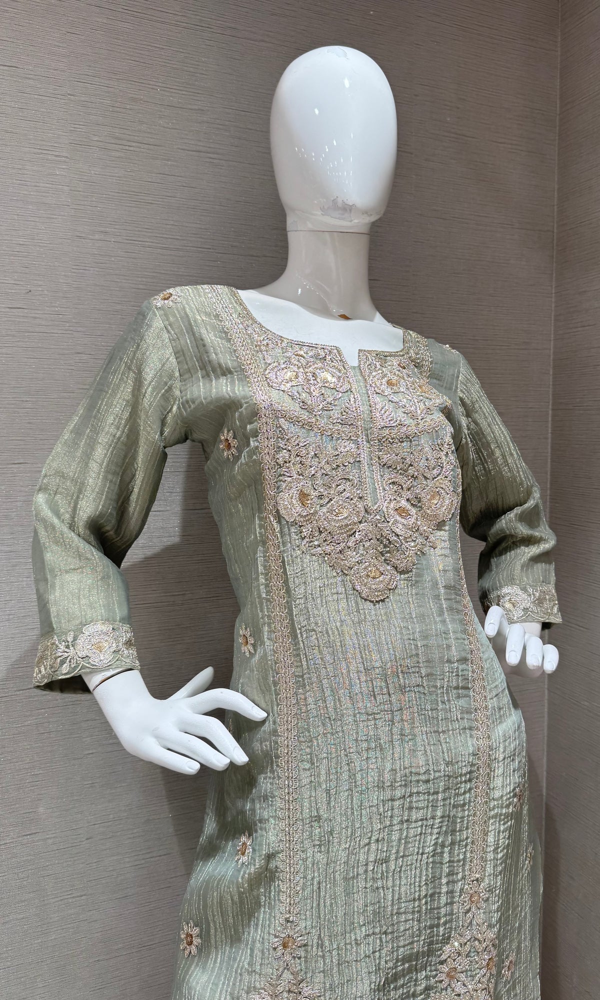 Sage Green Shimmer Kurta Set with Sheer Dupatta