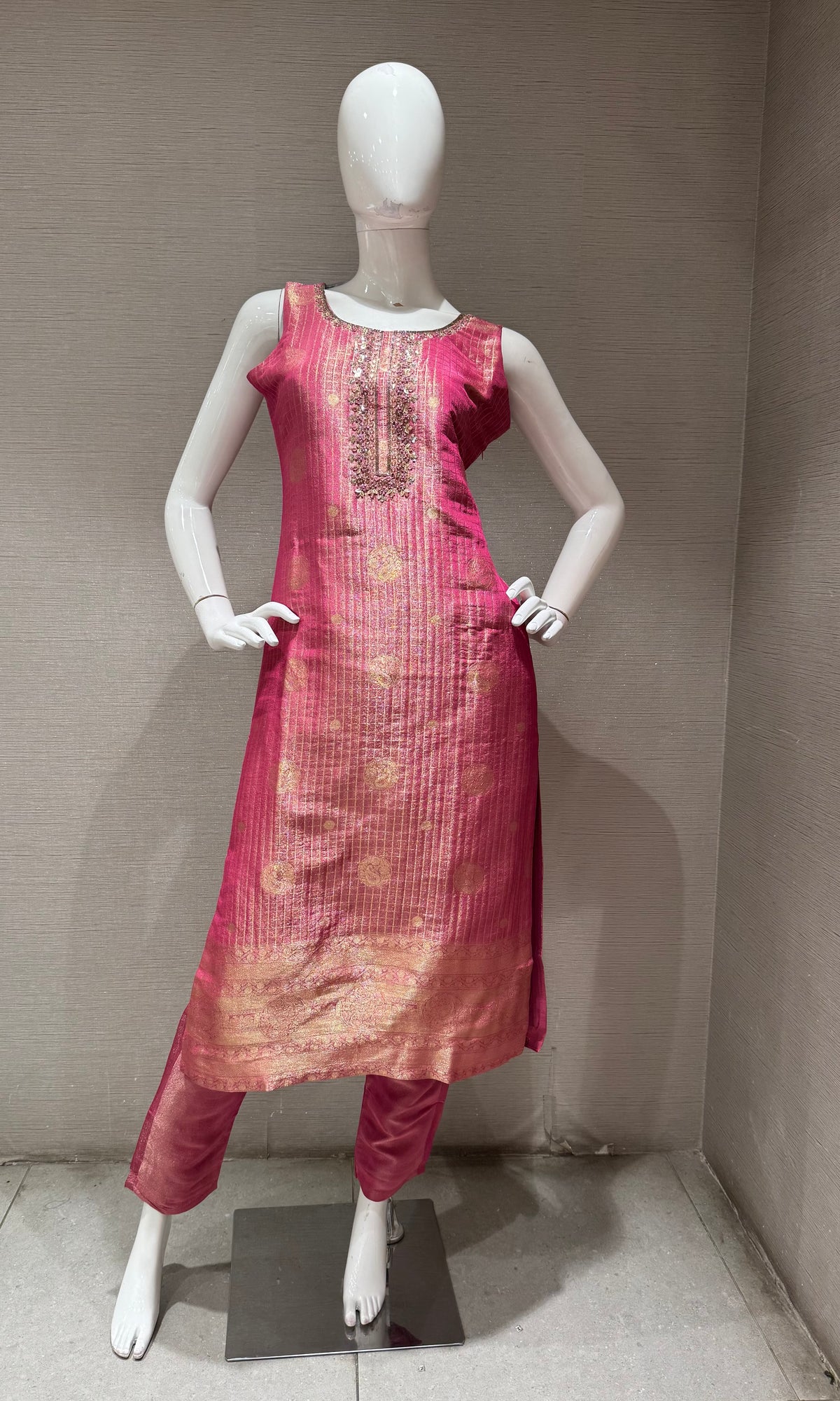 Pink Banarasi Silk Straight Kurta Set with Zari Dupatta