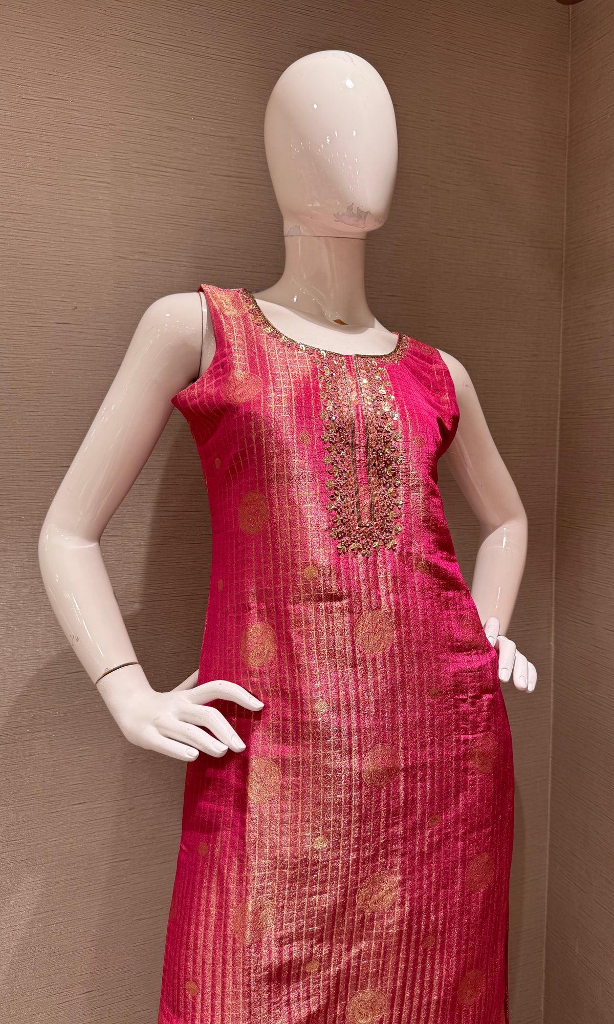 Pink Banarasi Silk Straight Kurta Set with Zari Dupatta