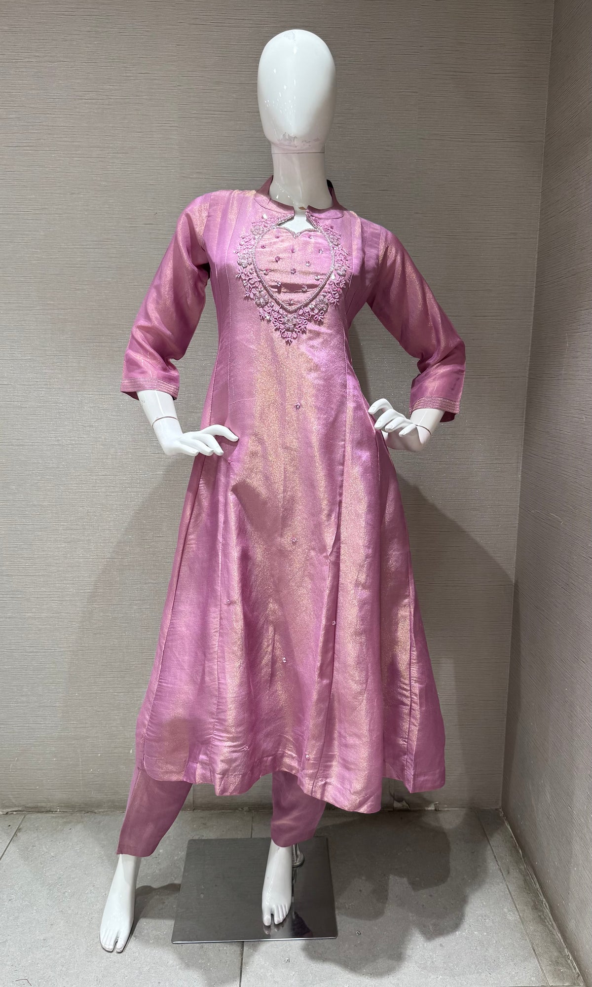 Lilac Silk Kurta Set with Embroidery Neckline & Zari Dupatta
