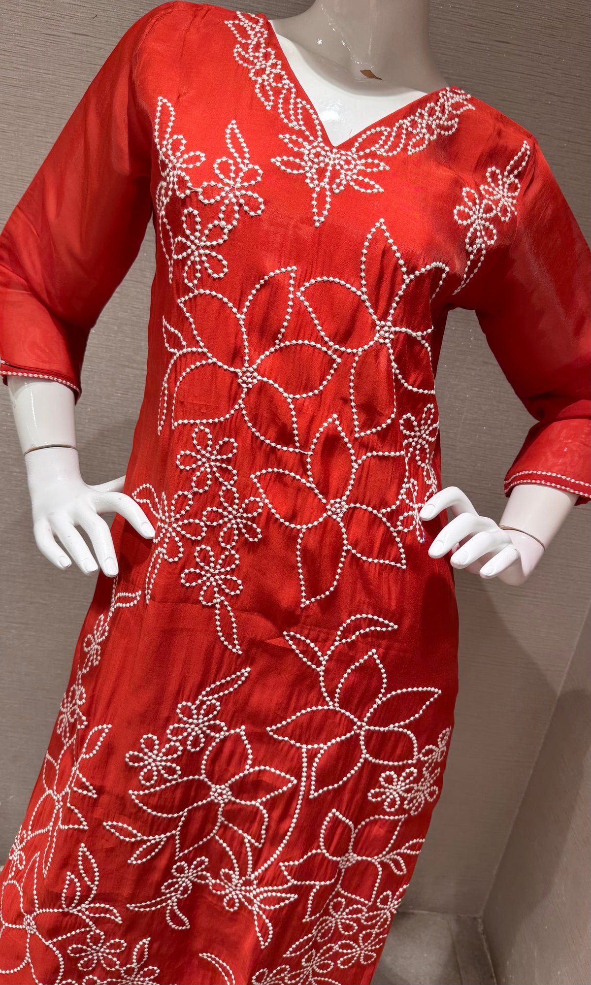Rust cotton Thread Floral Kurta set with Dupatta