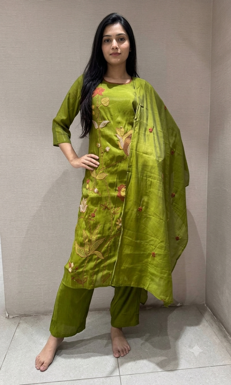 Olive Green Floral Embroidered Cotton Kurta Set