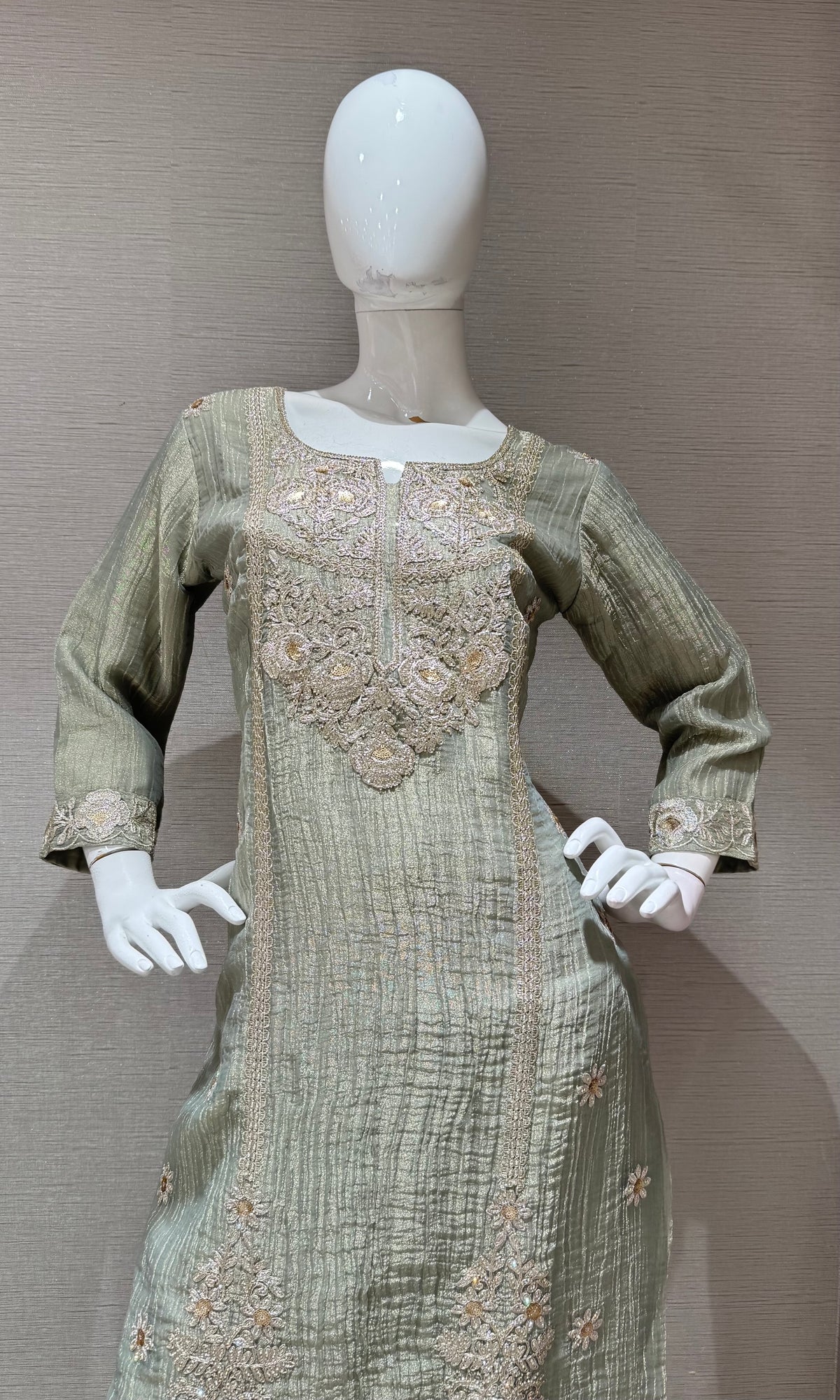 Sage Green Shimmer Kurta Set with Sheer Dupatta