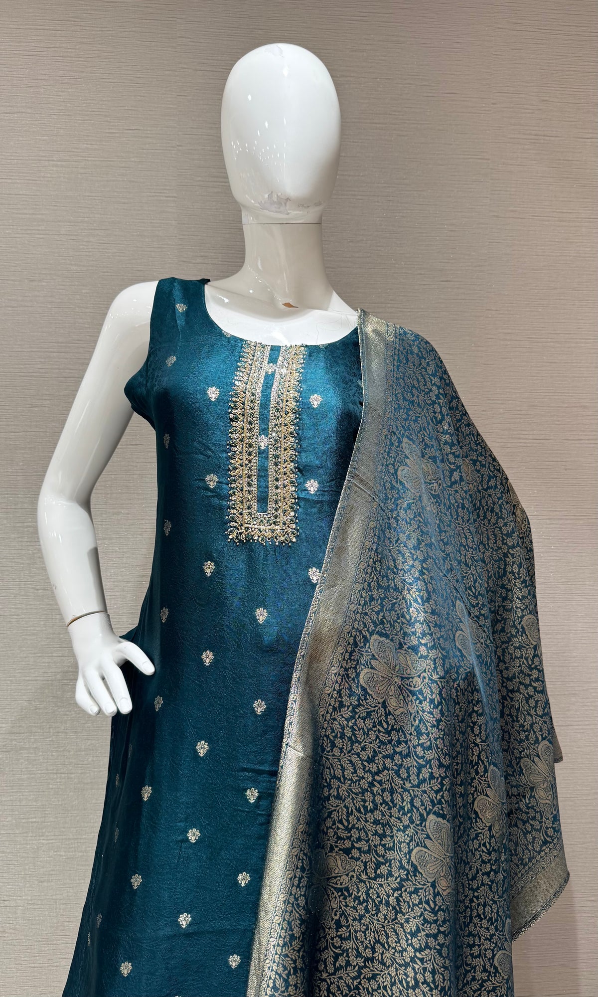 Green Embroidered Silk Kurta Set with Banarasi Dupatta