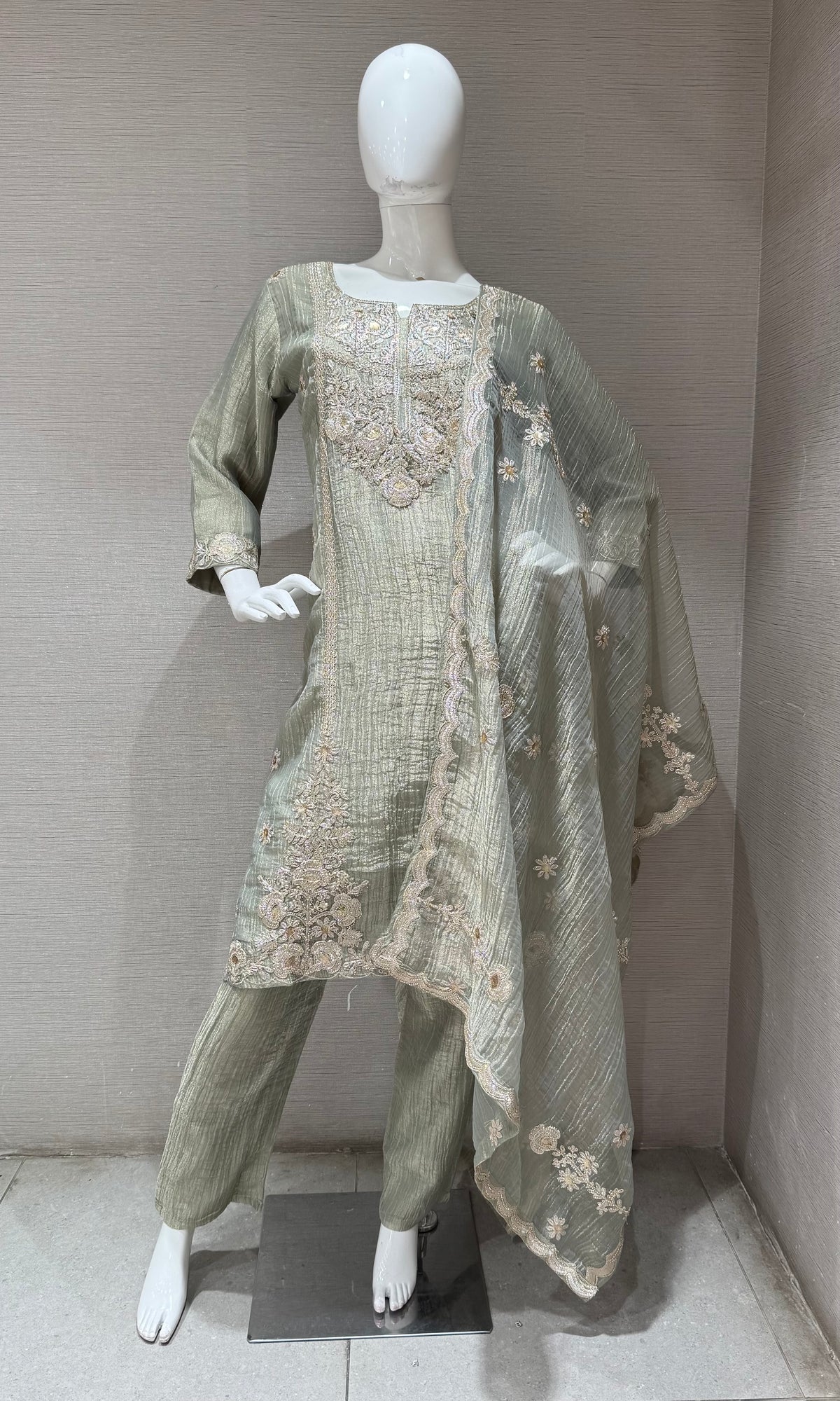 Sage Green Shimmer Kurta Set with Sheer Dupatta