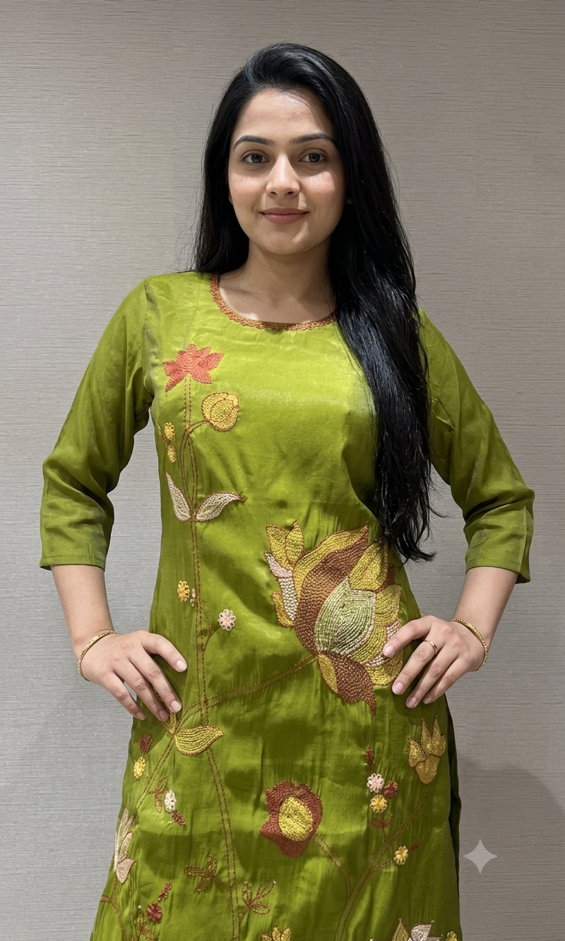 Olive Green Floral Embroidered Cotton Kurta Set