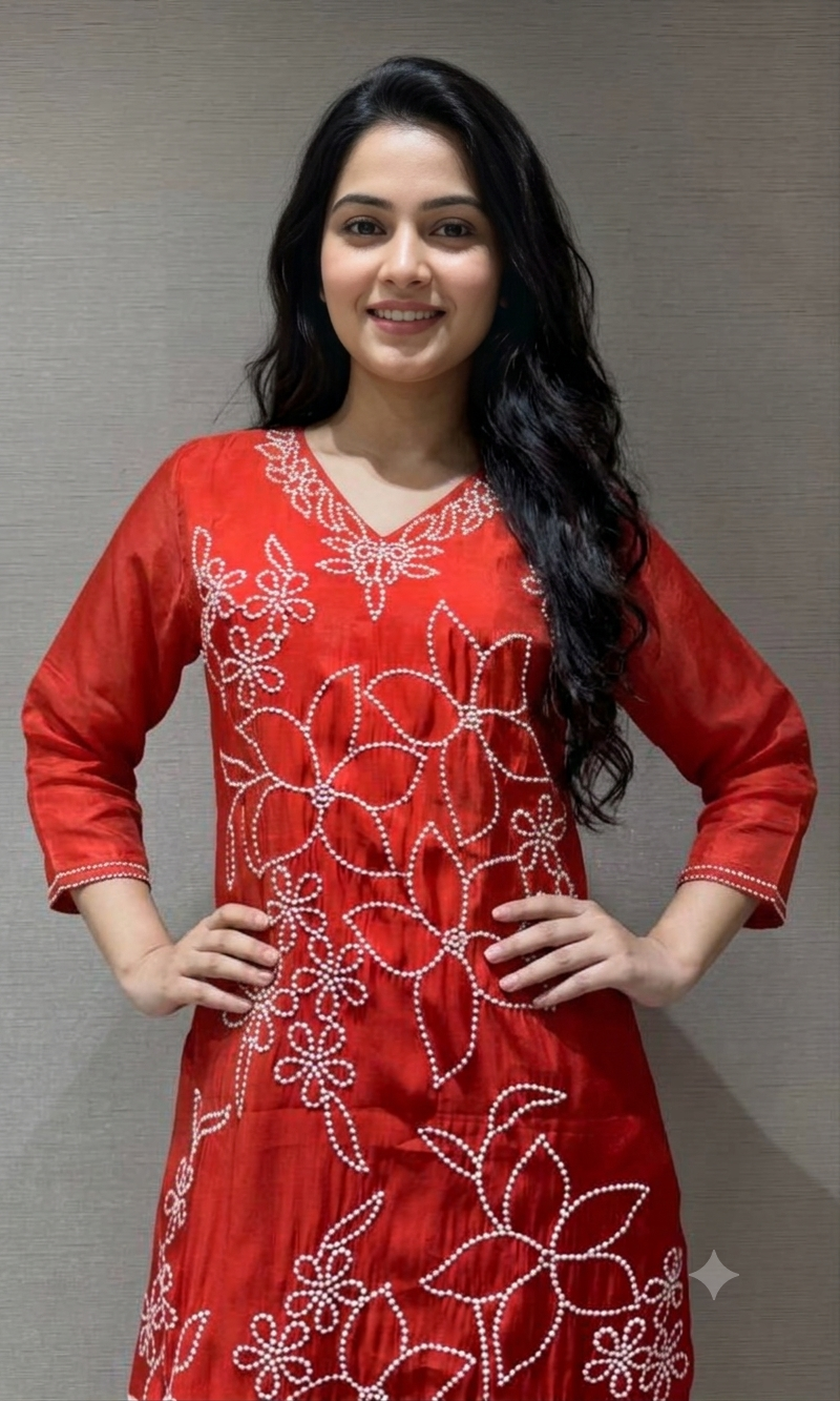 Rust cotton Thread Floral Kurta set with Dupatta