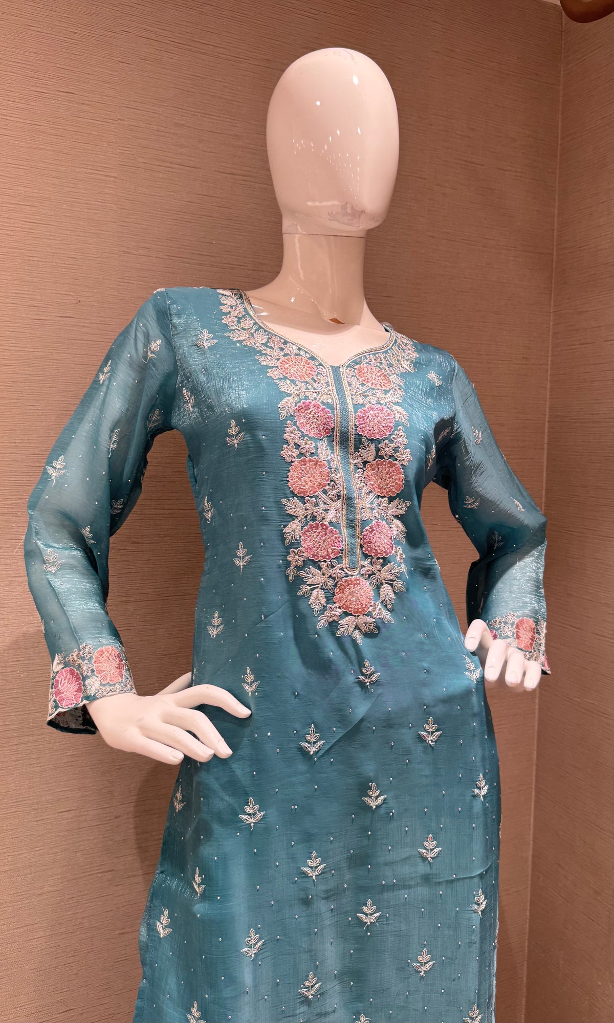 Blue Floral Embroidered Chinon Silk Salwar Kurta Set with Dupatta